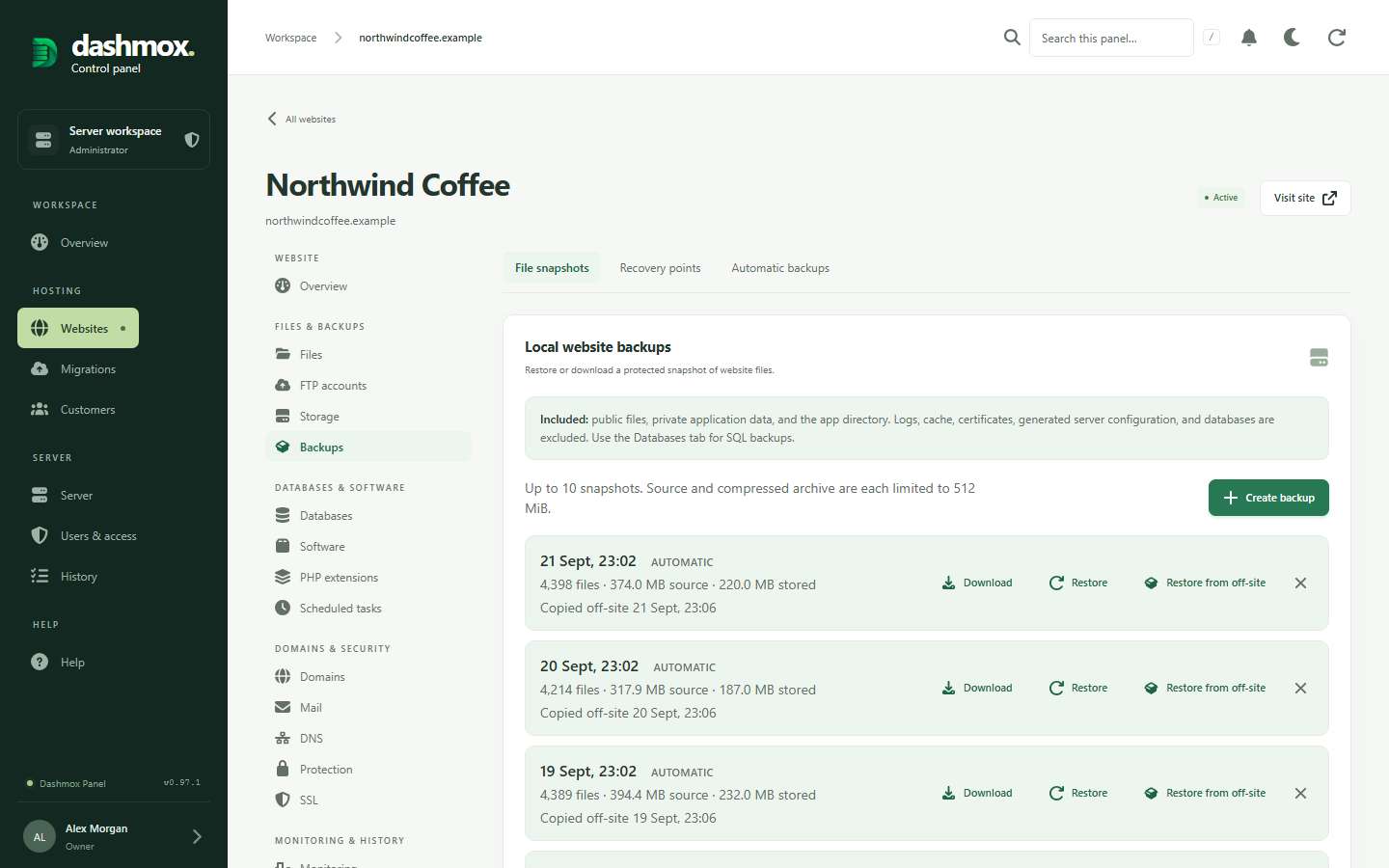Website backups in Dashmox: file snapshots, recovery points and a schedule