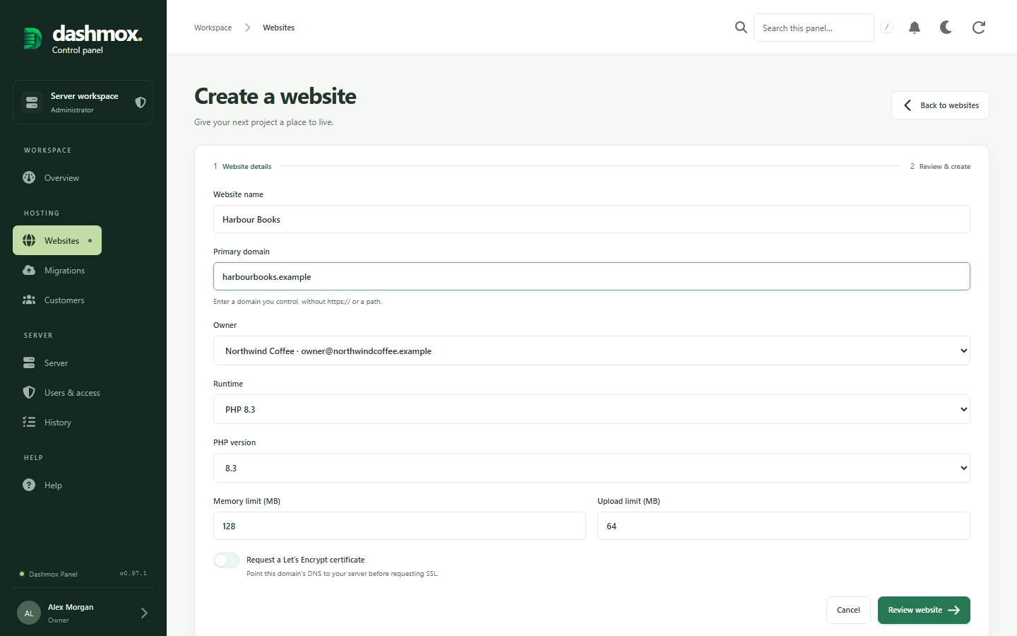Creating a website in Dashmox and choosing between static, PHP, Node.js and a reverse proxy