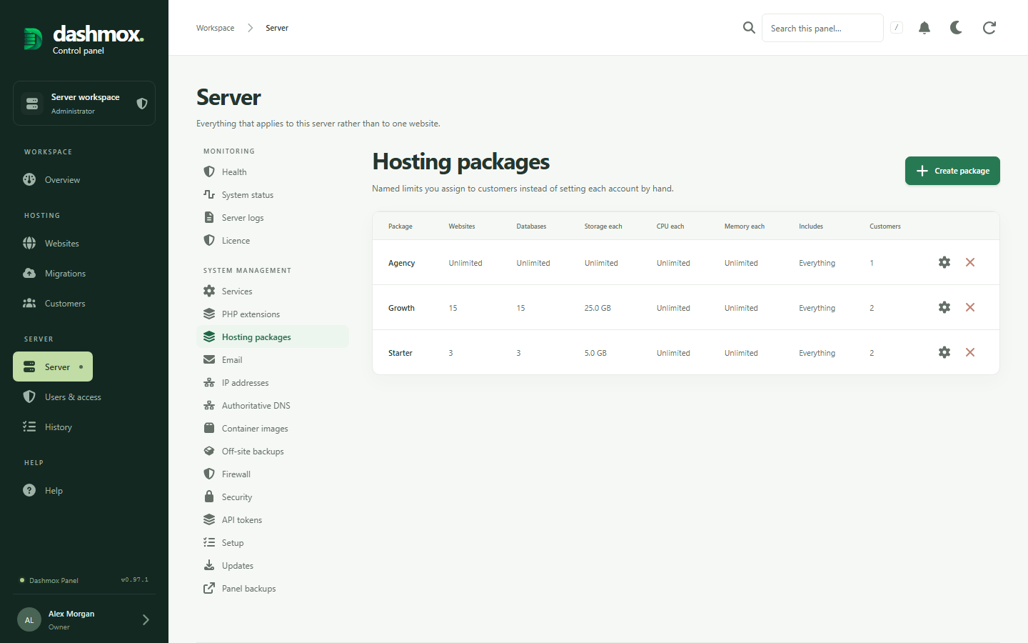 Hosting packages in Dashmox with allowances for websites, databases and mailboxes