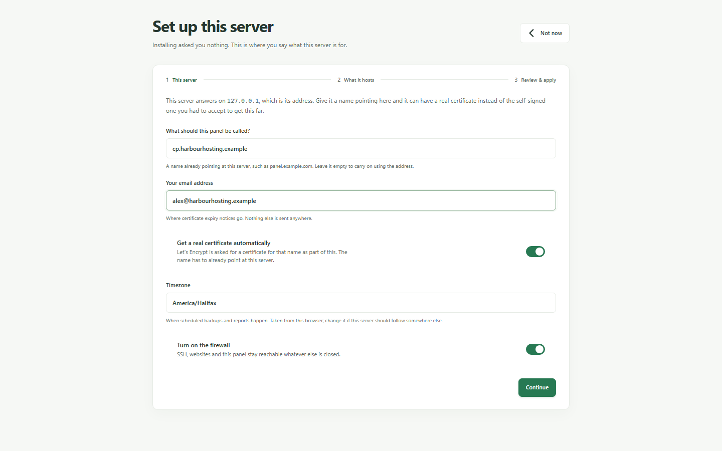 Dashmox's setup wizard asking what a freshly installed server should be called and where certificate notices go