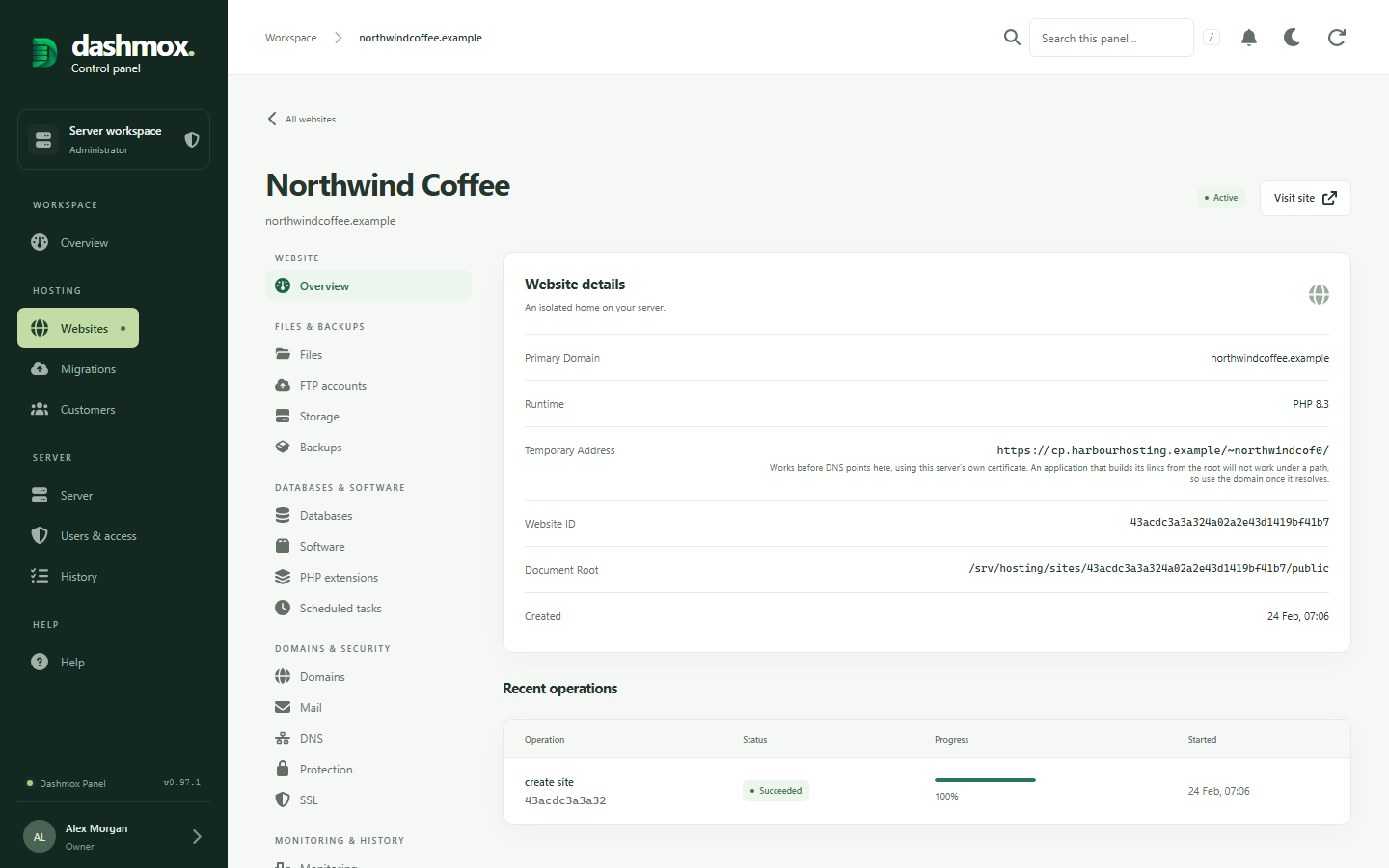 One website in Dashmox with its tools: files, databases, mail, DNS, SSL and backups